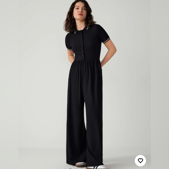 Cider Pants - Cider Polo Collar Contrast Trim Button Jumpsuit Black Sz L